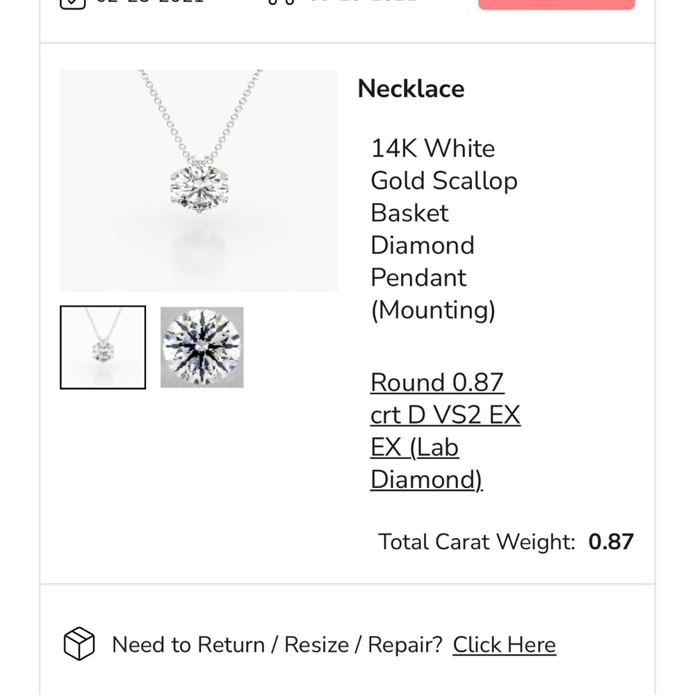 James Allen Lab Diamond Solitaire Necklace IGI certified